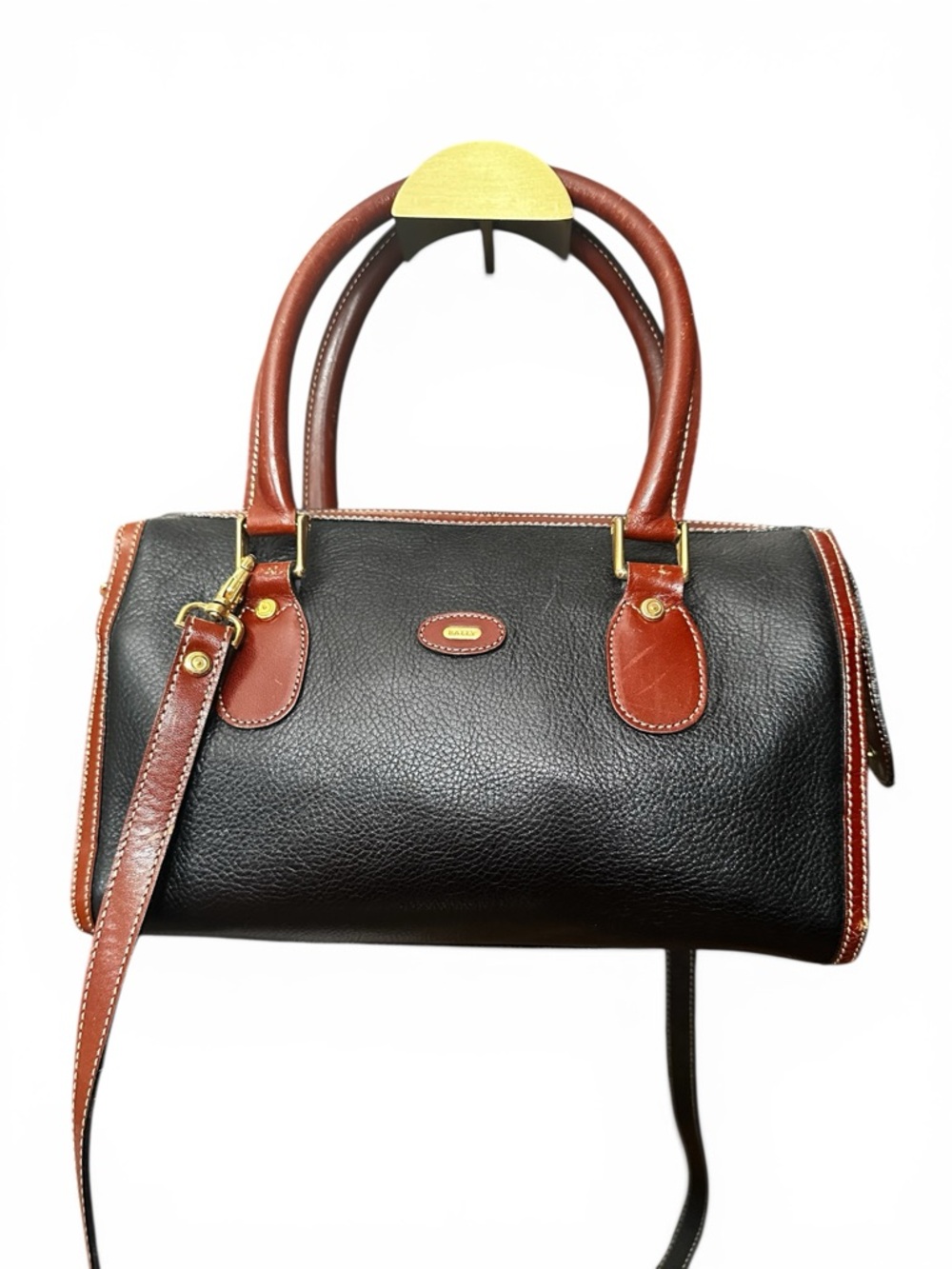 Bally Vintage Pebbled Leather Satchel in Black with Brown Trim